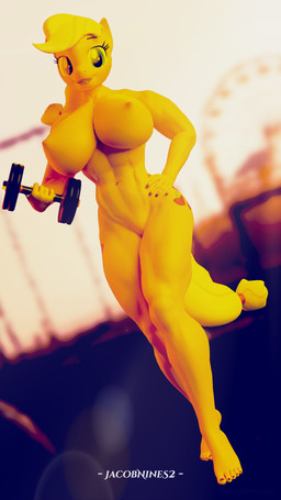 afternoon alternate_species anthro anthrofied areola big_breasts black_fingernails black_nails black_toenails blonde_hair breasts casual_nudity colored_fingernails colored_nails colored_toenails curvy_figure cutie_mark dumbbell dutch_angle exercise feet female fingernails fluffy fluffy_tail green_eyes hair hand_on_hip handle huge_breasts humanoid_feet humanoid_hands lens_flare lips long_hair long_tail looking_at_viewer looking_forward muscular muscular_anthro muscular_female nails navel nipples nude nude_workout open_mouth open_smile orange_areola orange_body orange_breasts orange_lips orange_nipples orange_skin plantigrade public public_nudity small_waist smile solo standing sun tail teeth toenails toes walking weights workout yellow_tail jacobnines2 friendship_is_magic hasbro my_little_pony applejack_(mlp) earth_pony equid equine horse mammal pony 3d_(artwork) 9:16 digital_media_(artwork) hi_res