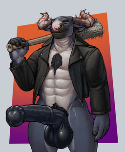 abs animal_genitalia animal_penis anthro balls barbed_wire baseball_bat bat_(object) big_balls big_penis bottomless clothed clothing ear_piercing equine_genitalia equine_penis erection facial_piercing genitals huge_balls huge_penis jacket kiss_mark leather leather_clothing leather_jacket leather_topwear looking_at_viewer male medial_ring muscular muscular_male nose_piercing nose_ring penis piercing pose ring_piercing simple_background smile smiling_at_viewer solo topwear vein veiny_penis tall_lizzard bovid bovine cattle mammal pinup