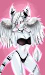 anthro big_breasts breasts feathered_wings feathers female fur horn iliume pink_eyes solo tattoo white_body white_fur wings ere-yandara mammal