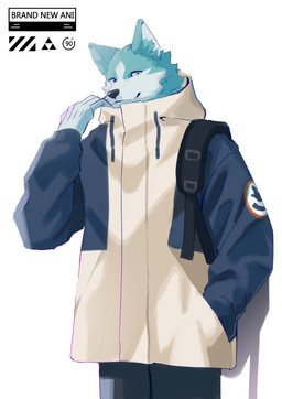 anthro athletic athletic_anthro athletic_male backpack biped black_backpack black_bottomwear black_clothing black_nose black_pants blue_body blue_clothing blue_eyes blue_fur blue_hoodie blue_topwear bottomwear cheek_tuft clothed clothing facial_tuft fur hand_in_pocket hand_on_neck hoodie inner_ear_fluff jacket long_pants looking_at_viewer male multicolored_body multicolored_fur pants pockets shirt simple_background smile solo standing tan_clothing tan_topwear text topwear tuft two_tone_body two_tone_fur white_body white_clothing white_fur white_hoodie white_topwear dxmdwq764027 brand_new_animal studio_trigger shirou_ogami canid canine canis mammal wolf absurd_res digital_media_(artwork) english_text hi_res icon