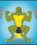 3_toes 5_fingers abs anthro balls balls_outline barbell big_bulge big_muscles blue_background bulge claws clothed clothing countershading crouching detailed_bulge digitigrade empty_eyes exercise feet fingers genital_outline genitals gradient_background green_body heel_claw holding_object horn male muscular muscular_anthro muscular_male non-mammal_balls penis_outline simple_background solo speedo squats swimwear toes topless weightlifting workout yellow_body yellow_eyes amit bioware electronic_arts mass_effect n7 askir lizard reptile scalie 2015