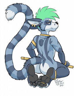 5_toes accessories_only anklet annoyed anthro bangle black_nose blue_body blue_fur bracelet butt claws countershading digit_ring ear_piercing ear_ring eyebrow_piercing facial_piercing feet fur fur_markings gold_(metal) gold_jewelry gold_piercing green_hair hair jewelry kneeling looking_back male markings mohawk narrowed_eyes necklace nude nude_anthro nude_male pawpads paws piercing pivoted_ears plantigrade pose ring ring_(marking) ring_piercing ringed_tail simple_background soles solo staff striped_markings striped_tail stripes tail tail_markings toe_claws toe_ring toes white_background rick_griffin hayven_celestia kariakoo ringel 2021 dated digital_media_(artwork) hi_res pinup signature