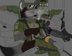 anthro camo cigarette clothing costume cybernetics driver eye_patch eyewear fenririan machine male mechanic scar smoking solo vehicle wolfeddown canid canine canis cyborg mammal wolf hi_res