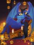 anthro bedroom_eyes big_breasts blue_body breasts chair detailed_background female furniture horn long_ears narrowed_eyes nipples nude seductive sitting solo striped_body stripes tail thick_thighs throne wings ansart mythology dragon mythological_creature mythological_scalie scalie 3:4 absurd_res hi_res