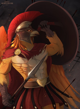 abs anthro arm_tuft armor beak belt black_claws brown_belt cape claws clothed clothing elbow_tuft feathers finger_claws front_view headgear helmet holding_melee_weapon holding_object holding_polearm holding_spear holding_weapon male melee_weapon muscular muscular_anthro muscular_male open_mouth orange_body orange_eyes orange_feathers orange_wings pecs polearm pupils red_cape red_clothing red_sclera solo spear text tuft weapon wings yellow_pupils santanahoffman avian 2023 artist_name dated hi_res