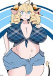 big_breasts blonde_hair blue_eyes bottomwear bovid_horn bovine_horn bow_ribbon breasts bulge cleavage clothed clothing cow_horn curls denim denim_bottomwear denim_clothing denim_shorts ear_piercing ear_tag flannel_shirt gynomorph hair hand_on_breast hand_on_hip horn huge_breasts intersex midriff navel open_bottomwear open_clothing open_shorts piercing shirt shorts slightly_chubby slightly_chubby_gynomorph slightly_chubby_intersex solo tail tail_tuft tied_shirt topwear tuft twintails_(hairstyle) unbuttoned_shirt wheat wheat_in_mouth jamkat e-claire animal_humanoid bovid bovid_humanoid bovine bovine_humanoid horned_humanoid humanoid mammal mammal_humanoid tailed_humanoid hi_res