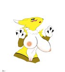 anthro armwear aroused big_breasts big_ears breasts clothing female fur genitals legwear looking_at_viewer nipples nude open_mouth pose presenting pussy side_boob side_view simple_background simple_coloring solo symbol symbol_tattoo teasing teasing_viewer white_body white_fur wide_hips yellow_body yellow_fur raysixtails bandai_namco digimon canid digimon_(species) mammal renamon absurd_res hi_res