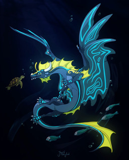 ambiguous_gender bioluminescence blue_body blue_markings bubble feral fin floating frill_(anatomy) glowing glowing_markings long_body markings serpentine solo swimming tail tail_frill tapering_tail underwater water wings yellow_markings ingridskogstad mythology aquatic_dragon dragon fish marine mythological_creature mythological_scalie reptile scalie sea_turtle serpentine_dragon turtle 2025 digital_drawing_(artwork) digital_media_(artwork) digital_painting_(artwork) hi_res paint_tool_sai_(artwork) painting_(artwork) male_(lore)