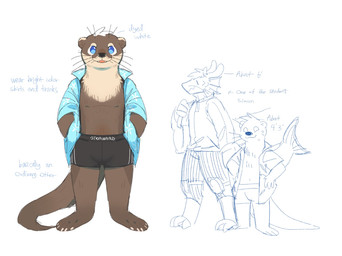 anthro black_bottomwear black_clothing black_nose blue_clothing blue_eyes blue_topwear bottomwear brown_body brown_ears brown_fur brown_tail clothed clothing duo fangs front_view fur glistening glistening_eyes head_tuft looking_at_viewer male open_mouth simple_background solo standing tail tan_body tan_fur teeth text three-quarter_view topwear tuft unsigned whiskers white_background asnnonaka mammal mustelid otter english_text full-length_portrait hi_res multiple_images portrait