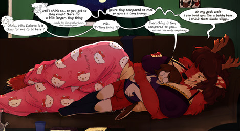 anthro antlers big_breasts blush bong boxer_briefs bra breasts brown_hair bulge clothed clothed_anthro clothed_female clothed_gynomorph clothing cuddling dialogue drugs duo female footwear fur furniture gynomorph gynomorph/female hair head_between_breasts horn human_on_anthro intersex intersex/female interspecies night on_sofa pajama_pants red_body red_fur shirt size_difference socks sofa speech_bubble stoned substance_intoxication tan_body tan_fur text topwear underwear lucyzilla hello_kitty_(series) sanrio dakota_braeburn lucyzilla_(character) deer human mammal english_text hi_res trans_(lore) trans_woman_(lore)