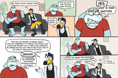 7_panel_comic annoyed anthro barefoot beak bisexual_pride_colors black_bottomwear black_clothing black_hair black_legs black_shirt black_shorts black_tank_top black_topwear bottomwear cellphone clothing color_change color_loss dialogue directional_arrow double_thumbs_up duo electronics eyebrow_piercing eyebrow_ring eyebrows facial_piercing fangs feathers feet fin flag flag_(object) furniture gesture hair half-closed_eyes hand_gesture holding_cellphone holding_object holding_phone house_plant inside lgbt_pride living_room male name_drop name_in_dialogue narrowed_eyes nervous nervous_smile on_sofa orange_eyebrows phone piercing pointing pointing_at_another pride_colors profanity red_clothing red_shirt red_topwear ring_piercing shirt shocked shorts sitting sitting_on_sofa sofa speech_bubble stated_arousal stated_heterosexuality stated_sexuality tail tail_feathers tail_fin tank_top teeth text thought_bubble thumbs_up topwear tremble_spikes white_body white_feathers yellow_beak yellow_bottomwear yellow_clothing yellow_shorts yes-no_question secretgull gus_skwarek shane_stocks avian bird fish gull lari larid marine shark 2025 comic digital_drawing_(artwork) digital_media_(artwork) english_text hi_res pictographics