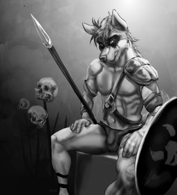abs angry anthro armor athletic baldric bandage biceps biped bone bottomwear bulge clothed clothing footwear gladiator grin hair loincloth looking_at_viewer male melee_weapon muscular muscular_anthro muscular_male navel polearm sandals shield shoes shoulder_pads sitting skull smile solo spear topless unconvincing_armor warpaint warrior weapon marsonaut canid canine canis human mammal wolf 2017 greyscale monochrome