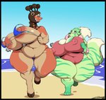 2_tails 4_toes 5_fingers anthro areola beach big_breasts bikini black_border border breasts cleavage clothed clothing duo eyelashes eyes_closed feet female fingers hooves huge_breasts multi_tail nipple_outline nipples overweight overweight_anthro overweight_female purple_eyes running seaside swimwear tail thick_thighs toes two-piece_swimsuit wardrobe_malfunction wide_hips deonwolf nintendo pokemon buizel farigiraf generation_4_pokemon generation_9_pokemon pokemon_(species) 2023 digital_media_(artwork) signature