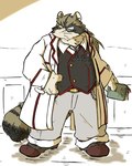 anthro black_body book bottomwear brown_body clothing eyewear glasses humanoid_hands kemono male overweight overweight_male pants solo okudami mammal procyonid raccoon 2022