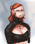 anthro bared_teeth blue_eyes breasts cleavage_cutout clothing cutout ear_piercing ear_ring female freckles fur hair jewelry long_hair medium_breasts necklace piercing red_body red_fur ref_hair ring_piercing simple_background solo sweater topwear turtleneck redustheriotact edith_(redustheriotact) haplorhine mammal monkey primate 2025 hi_res sketch