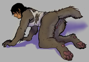 all_fours andromorph andromorph_anthro andromorph_humanoid anthro big_clitoris black_hair butt clitoris clothing facial_hair fur genitals grey_background grey_body grey_fur hair human_to_anthro intersex intersex_anthro intersex_humanoid looking_back mid_transformation pawpads paws rear_view shirt simple_background solo species_transformation tank_top thick_thighs topwear torn_tank_top transformation vulva oshaviolation mythology oslo_(oshaviolation) canid canine humanoid mammal mythological_canine mythological_creature werecanid werecanine werecreature werewolf nonbinary_(lore) trans_(lore) trans_man_(lore)