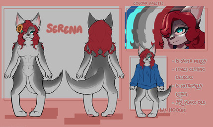 abs anthro blue_clothing blue_eyes blue_hoodie blue_topwear clothing female flower hair hoodie plant red_hair solo sunflower topwear anonymous_artist serena_perez canid canine canis domestic_dog husky mammal nordic_sled_dog spitz model_sheet