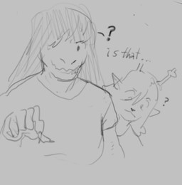 anthro blonde_hair clothing dark_hair dialogue duo female female/female gesture hair hand_gesture horn long_ears pointing pointing_down question question_mark shirt teeth topwear dubious krakatoa1823 deltarune undertale_(series) noelle_holiday susie_(deltarune) monochrome