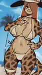 anthro big_breasts bikini breasts brown_hair cleavage clothed clothing day female fur hair hair_over_eye hat headgear headwear highlights_(coloring) legband long_hair markings midriff navel one_eye_obstructed palm_tree plant red_eyes sand sea seaside side-tie_bikini side-tie_clothing side-tie_swimwear smile snaggle_tooth solo spots spotted_body spotted_fur string_bikini sun_hat swimwear tan_body tan_fur tree triangle_bikini two-piece_swimsuit water saucymauler vanessa_(velocitycat) cheetah felid feline mammal 2023 hi_res signature