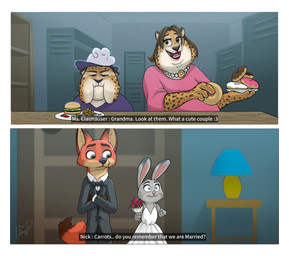 4_fingers anthro black_nose breasts brown_hair burger clothed clothed_anthro clothed_female clothed_male clothing dessert doughnut dress elderly_anthro elderly_female female female_anthro fingers food fur gloves_(marking) green_eyes grey_body grey_fur group hair humanoid_hands husband_and_wife interspecies interspecies_romance larger_male looking_at_another looking_at_partner looking_down looking_down_at_another looking_down_at_partner male male/female male_anthro markings married_couple multicolored_body multicolored_fur pastry pink_nose purple_eyes red_body red_fur size_difference smaller_female smile spots spotted_body spotted_fur standing suit tail teeth text tongue two_tone_body two_tone_fur wedding_dress white_body white_fur yellow_body yellow_fur isaal_suli disney zootopia judy_hopps nick_wilde canid canine cheetah european_rabbit felid feline fox lagomorph leporid mammal oryctolagus rabbit red_fox true_fox comic english_text hi_res signature grandchild_(lore) granddaughter_(lore) grandmother_(lore) grandmother_and_grandchild_(lore) grandmother_and_granddaughter_(lore) grandparent_(lore) grandparent_and_grandchild_(lore)