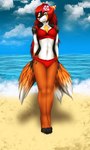 accessory anthro beach belly bikini black_body black_fur breasts chest_tuft clothed clothing cloud detailed_background female flower flower_in_hair fox_tail fur hair hair_accessory looking_at_viewer multi_tail navel one_eye_closed orange_body orange_fur outside pink_nose plant pointy_ears prick_ears red_hair sand seaside skimpy sky smile solo swimwear tail tight_clothing tuft two-piece_swimsuit water white_belly white_body white_fur wink yellow_body yellow_eyes yellow_fur pacmancorp tofie canid canine fox mammal 2013 3:5