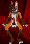 anthro bedroom bedroom_eyes black_nose bodily_fluids brown_body brown_fur brown_hair dripping fur genital_fluids genitals grin hair knot leg_markings male manspreading markings narrowed_eyes penis precum precum_drip red_background red_knot seductive simple_background sitting smile socks_(marking) solo yellow_eyes furry_trashcan_(artist) fenn canid canine fox mammal cel_shading hi_res shaded