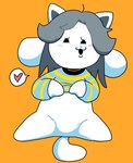 ambiguous_gender blush clothed clothing clothing_lift featureless_crotch feral hair null pattern_clothing pattern_topwear shirt shirt_lift simple_background sitting solo striped_clothing striped_topwear stripes topwear white_body yellow_background ikutasemi undertale undertale_(series) temmie_(undertale) canid canine felid feline mammal tem