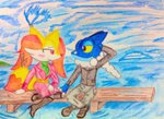 anthro blue_body blush braixen breasts clothed clothing detailed_background duo female fluffy fluffy_tail frogadier fur generation_6_pokemon knightmoonlight98 love male male/female multicolored_body multicolored_fur nintendo pokemon pokemon_(species) red_body red_eyes red_fur romantic romantic_ambiance romantic_couple sitting tail water white_body white_fur yellow_body yellow_fur yellow_sclera