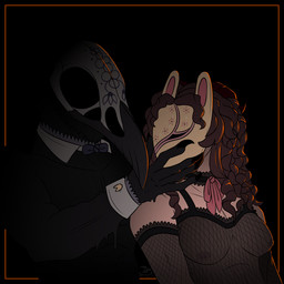 animal_mask armwear beak beak_mask black_background black_beak black_body black_border black_claws black_clothing black_lace black_lingerie blue_bow_tie bone bone_mask border bow_ribbon bow_tie breasts brown_hair brown_horn choker claws clothing cuff_links dark_body darkness duo elbow_gloves eye_contact faceless_character faceless_female faceless_humanoid faceless_male female flower_on_mask gloves hair handwear holding_another holding_chin holding_face horn jewelry lace_choker lace_gloves lace_lingerie lace_topwear lingerie looking_at_another looking_at_partner male male/female mask masquerade_mask moody necklace orange_border orange_light pink_bow rabbit_mask rim_light romantic romantic_ambiance shadow shadow_face simple_background skull skull_mask umbraphilia white_mask yellow_mask toracanix ludwig_(toracanix) demon humanoid shadow_creature shadow_humanoid 1:1 colored half-length_portrait hi_res line_art portrait shaded