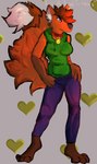 anthro barefoot bottomwear clothed clothing collar feet female fully_clothed green_clothing green_shirt green_topwear inner_ear_fluff pants purple_bottomwear purple_clothing purple_eyes purple_pants shirt simple_background sleeveless_shirt solo topwear tuft leapsandtumbles muffy_(leapsandtumbles) canid canine fox mammal hi_res