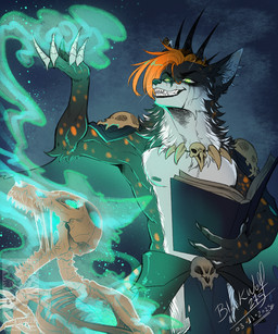 anthro bone bottomwear claw_fingers clothing glowing glowing_eyes green_eyes hair loincloth magic magic_user male necromancer red_hair skeleton solo summoner_fox summoning blackwolf275 riley_collins(asrielth3f0x) canid canine fox mammal true_fox hi_res