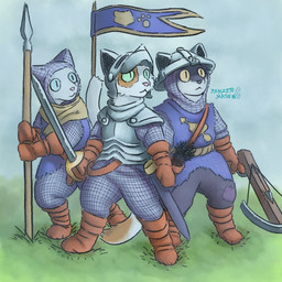 anthro armor blue_eyes crossbow day flag fur grass green_eyes grey_body grey_fur group male melee_weapon orange_body orange_fur outside plant polearm ranged_weapon spear standing sword tail weapon white_body white_fur yellow_eyes panzermask domestic_cat felid feline felis mammal 1:1 hi_res