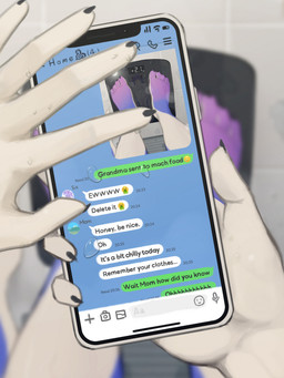 anthro big_breasts bottomless bottomless_anthro breasts clothed clothing detailed_background electronics feet female genitals hair horn phone phone_screen purple_body purple_hair reflection solo text texting topless topless_anthro vulva weight_conscious lcshian mythology lanya_(lcshian) dragon mythological_creature mythological_scalie scalie wingless_dragon 3:4 english_text hi_res