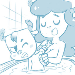 anthro bath bathing_together bathtub breasts convenient_censorship duo eyes_closed female hair male nude one_eye_closed open_mouth sponge lonbluewolf miracle_star chun-ni bovid caprine goat mammal 1:1 2015 blue_and_white monochrome