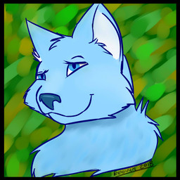 anthro black_border blue_body blue_eyes blue_fur border female fur looking_at_viewer simple_background smile smirk solo eelowyn_(artist) felid feline hybrid lynx mammal 1:1 2018 source_request