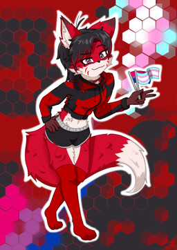 anthro bisexual_pride_colors black_hair bottomwear clothing collar crop_top dolphin_shorts female fluffy fluffy_tail fur hair hands_on_hips legwear lgbt_pride markings midriff pride_colors red_body red_clothing red_crop_top red_fur red_legwear red_shirt red_stockings red_topwear shirt shorts simple_background smug_face solo stockings tail topwear transgender_pride_colors white_body white_fur shuiroraijin canid canine fox mammal hi_res trans_(lore) trans_woman_(lore)