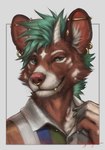 anthro brown_body brown_fur claws ear_piercing ear_ring facial_piercing fangs finger_claws fingers fur green_eyes green_hair hair male nose_piercing nose_ring piercing ring_piercing smile solo teeth whiskers white_body white_fur rogueliger african_wild_dog canid canine mammal 2022 digital_media_(artwork) headshot_portrait portrait shaded signature