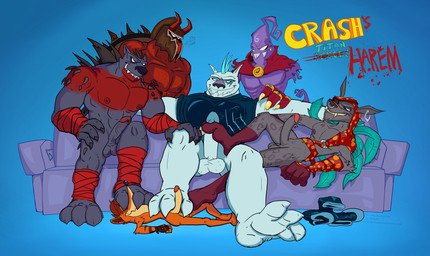 3_toes 4_fingers anthro arm_tattoo arm_wrapping armor balls big_feet blue_background blue_body blue_fur claws cloak clothing ear_piercing eye_patch eye_scar eyewear facial_piercing facial_scar feathers feet fingers foot_fetish foot_play footjob footwear fur furniture genitals gloves grimly_hero grin grinning_at_viewer group handwear headgear heart_symbol helmet horn humanoid_genitalia jewelry kerchief looking_at_viewer magmadon_hero male male/male markings muscular muscular_anthro muscular_male nose_piercing nose_ring orange_body orange_fur pendant penile penis piercing purple_body purple_skin ratcicle_hero red_body red_wraps ring ring_piercing sash scales scar sex sharp_teeth simple_background smile smiling_at_viewer smirk smirking_at_viewer smoke smoke_from_nose snipe_hero socks sofa sofa_sex spike_hero spikes spikes_(anatomy) spots spotted_body spotted_fur stirrup_legwear stirrup_socks tattoo teeth text toes vein veiny_penis puffy_the_destroyer activision crash_bandicoot_(series) microsoft crash_bandicoot bandicoot grimly_(crash_bandicoot) humanoid magmadon mammal marsupial mutant_humanoid ratcicle snipe_(crash_bandicoot) spike_(crash_bandicoot) titan_(crash_bandicoot) 2025 absurd_res digital_drawing_(artwork) digital_media_(artwork) digital_painting_(artwork) hi_res painting_(artwork) signature