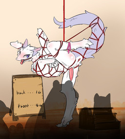 ankle_ribbon anthro arms_tied arms_tied_behind_back bdsm biped blush bodily_fluids body_blush bondage bound butt_blush chest_tuft claws erection fluffy fur furred_wings gag gagged genitals hole_in_ear inside male monotone_body monotone_fur paws penis prostitution public_use purple_eyes raised_leg restraints ribbons ring_gag rope rope_bondage shadow shaking side_view sign silhouette skinny_anthro skinny_male snout solo spreading stairs sweat sweatdrop tail tail_anus tail_tied tapering_penis tapering_tail tears text tongue tongue_out tuft white_body white_fur white_sclera wings_tied gagaga_ram mythology dragon furred_dragon furred_scalie mythological_creature mythological_scalie scalie digital_drawing_(artwork) digital_media_(artwork) english_text hi_res shaded