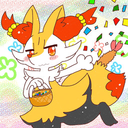 accessory ambiguous_anthro ambiguous_gender anthro basket biped blush confetti container digitigrade dipstick_tail food front_view hair hair_accessory hair_tie holding_basket holding_container holding_object markings mouth_closed object_in_tail on_one_leg shrimp_(food) snout solo standing tail tail_markings tied_hair annyui0611 nintendo pokemon braixen canid generation_6_pokemon mammal pokemon_(species) 1:1 2022 digital_drawing_(artwork) digital_media_(artwork) hi_res japanese_description portrait three-quarter_portrait translated_description