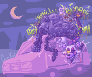 abdominal_bulge ambiguous_gender ambiguous_pred ambiguous_prey anthro anthro_pred belly big_belly burping burping_up_object car endoskeleton exposed_machinery eyelashes face_imprint grey_body huge_belly hyper hyper_belly imprint larger_pred machine missing_eye moon multi_head multi_limb multiple_prey on_car onomatopoeia outside pink_body prey_outline robot_pred rumbling rumbling_stomach sharp_teeth size_difference sky solo sound_effects struggling struggling_prey teeth text vehicle vore white_body wire yellow_eyes cherryuri five_nights_at_freddy's five_nights_at_freddy's_2 scottgames mangle_(fnaf) animatronic canid canine fox mammal robot robot_anthro 2025 digital_drawing_(artwork) digital_media_(artwork) hi_res