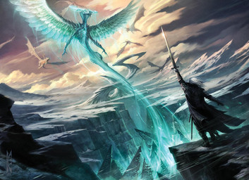 ambiguous_gender brandishing cloud detailed_background duo feathered_wings feathers feral flying holding_melee_weapon holding_object holding_sword holding_weapon magic melee_weapon mountain outside sky snow sword tail weapon wings raymond_swanland hasbro magic:_the_gathering mythology wizards_of_the_coast planeswalker sorin_markov ugin dragon mythological_creature mythological_scalie scalie vampire 2015 digital_media_(artwork) official_art