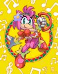 2019 amy_rose anthro breasts clothed clothing coolblue eulipotyphlan female genitals hedgehog looking_at_viewer mammal musical_note nipple_outline no_underwear open_mouth pink_body pussy samba_de_amigo sega solo sonic_the_hedgehog_(series) year