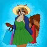 anthro bag blonde_hair chest_tuft clothing dress fangs female hair jacket simple_background smile solo stripes teeth tongue topwear tuft wide_brim_hat deerwalker mammal procyonid raccoon 1:1 hi_res