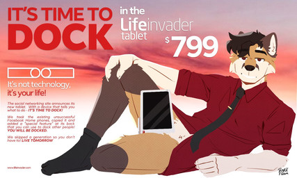 anthro athletic athletic_anthro athletic_male biped bottomless bottomless_anthro bottomless_male brown_eyes censored_genitalia clothed clothing countershade_fur countershading fur looking_at_viewer lying male on_side orange_body orange_fur solo tablet text white_body white_countershading white_fur borkbuchwieser canid canine fox mammal 2024 5:3 censored english_text url