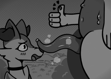 anthro blush bodily_fluids collar female genital_fluids genitals gesture glistening glistening_genitalia glistening_penis goo_drip gradient_background hand_gesture inner_ear_fluff male male/female penis precum road simple_background standing tapering_penis thumbs_up tuft nintendo pokemon braixen generation_6_pokemon goodra pokemon_(species) flat_colors hi_res huge_filesize