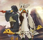 anthro athletic athletic_anthro athletic_male beak black_body black_feathers bow_(weapon) duo falcon_bow feathers male ranged_weapon swallow_bow weapon white_body white_feathers sheep_riritoto breath_of_the_wild nintendo the_legend_of_zelda harth_(tloz) teba_(tloz) avian rito