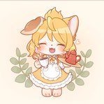 alternative_fashion anthro beverage biped blonde_hair blush chibi clothed clothing cute_fangs dress eyebrow_through_hair eyebrows eyes_closed fangs female hair heart_symbol j-fashion kemono lolita_(fashion) open_mouth smile solo tea teapot teeth translucent translucent_hair yellow_clothing yellow_dress young kuo0 canid mammal