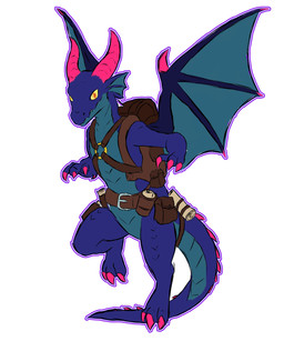 anthro backpack barefoot belt belt_buckle belt_pouch buckle claws feet horn looking_at_viewer male scales solo tail teeth teeth_showing wings yellow_eyes roli_poli mythology razekhrall_(roli_poli) dragon mythological_creature mythological_scalie scalie 5:6 absurd_res hi_res
