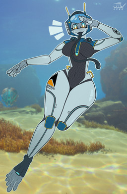 4_fingers 5_toes anthro anthrofied armor breasts feet female fingers gesture headgear helmet long_tongue machine multicolored_eyes salute solo thick_thighs toes tongue tongue_out underwater vehicle water white_body wide_hips jizothewanderer subnautica subnautica_2 unknown_worlds_entertainment amphibian frog living_machine living_vehicle hi_res
